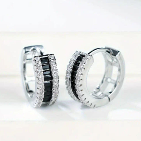 Iced Out 14K White Gold Plated Pave Black Cubic Zirconia Men Women Hoop Earrings